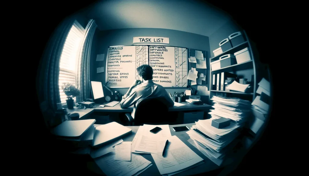 DALL·E 2024 03 13 15.22.36 A pinhole camera style image for a blog post depicting the moment of planning and organizing tasks at a desk. The image should show a person seated a