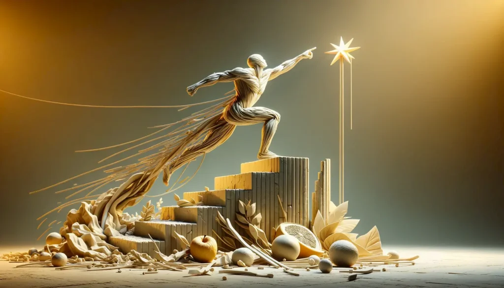 DALL·E 2024 03 13 16.02.20 A widescreen image of a sculpture that visually interprets the concept of setting goals and the struggle to achieve them. The sculpture should depict