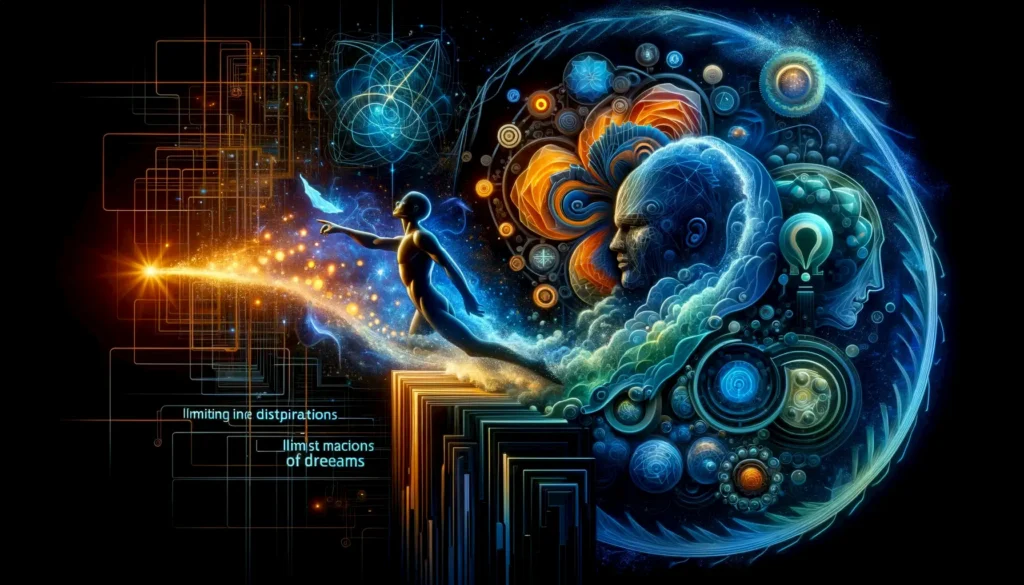 DALL·E 2024 03 13 16.08.32 A widescreen futuristic style image representing the concept of dreaming as a vital source of human aspirations desires and ambitions contrasting w