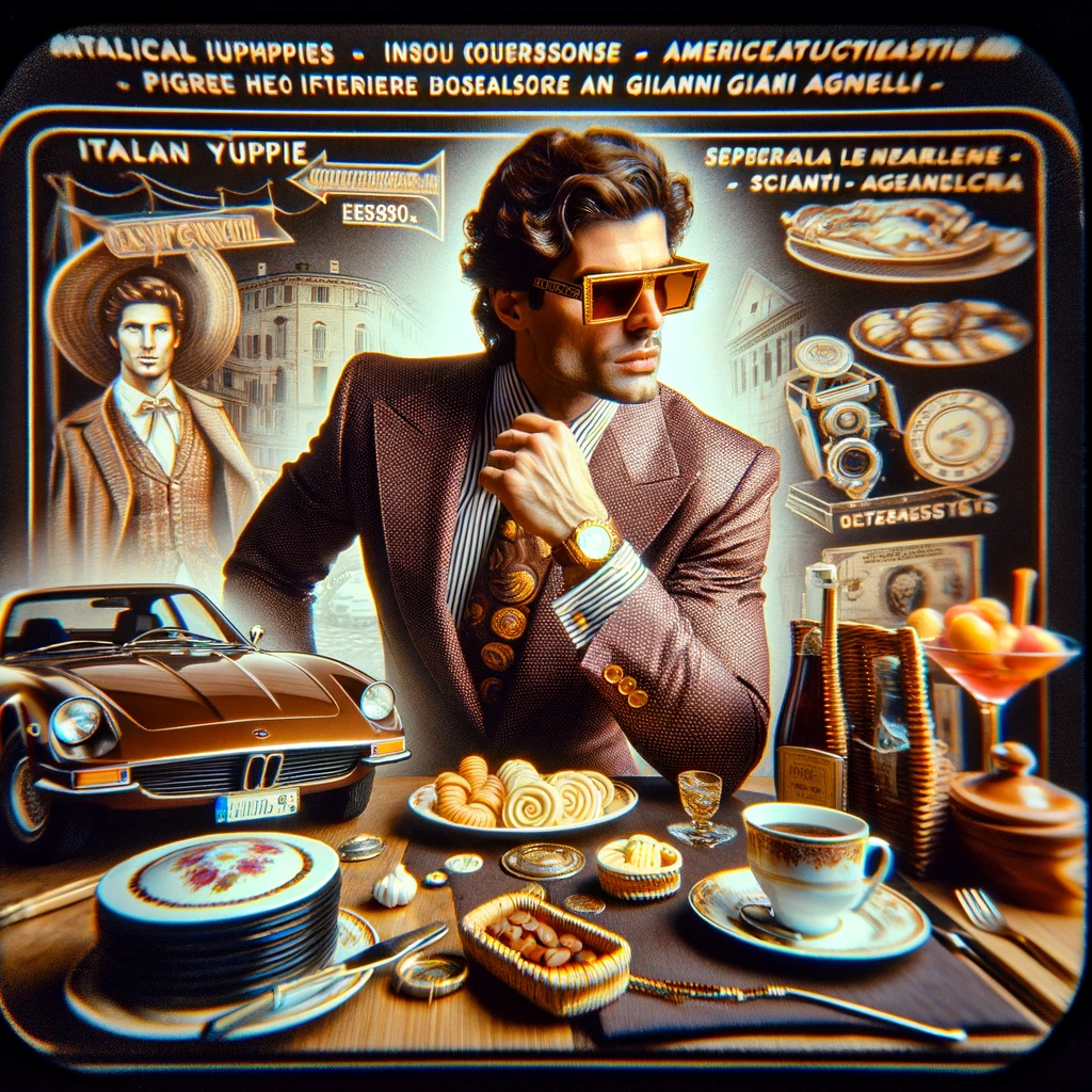 An Italian yuppie from the 1980s, inspired by American yuppies and figures like Gianni Agnelli, depicted in a pinhole camera style. The image shows a stylish Italian yuppie man, dressed in an 80s fashion with a touch of elegance and charm. He's at a luxurious Italian cafe or a sophisticated event, displaying a lifestyle of apparent wealth and success. His attire is fashionable, with a nod to the 80s Italian elegance, and he's surrounded by symbols of wealth and status, such as a vintage Italian car, designer accessories, and gourmet food, emphasizing the era's emphasis on image and lifestyle.