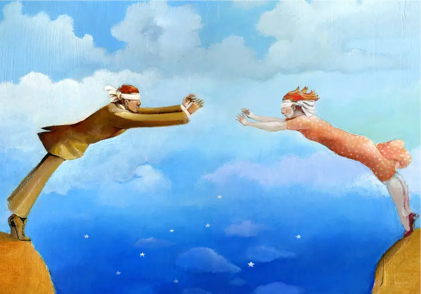 illustrazione che raffigura un uomo e una donna volteggaire nel cielo bendati che si vengono incontro