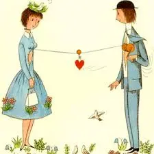 illustrazione metaforica del''amore di coppia raffigurante un uomo ed una donna uniti da un filo con al centro un cuore