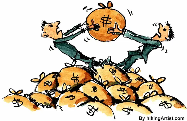 iconografia mostra due uomini in cima a sacchi di danaro che si contendono un sacco di soldi